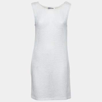 Pre Owned Chanel White Perforated Knit Sleeveless Dress L