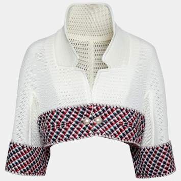 Pre Owned Chanel Cream Perforated Mesh Sequined Tweed Trim Chunky Cropped Jacket L