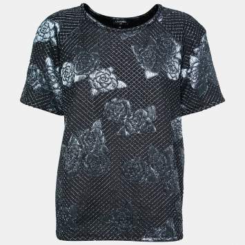 Pre Owned Chanel Navy Blue Stretch Jersey Camellia Embroidered Blouse L