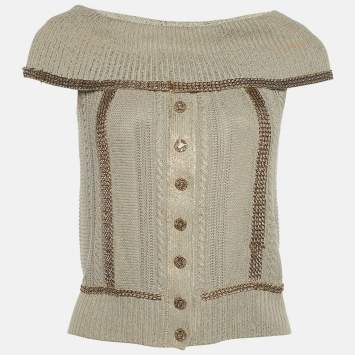 Pre Owned Chanel Ecru Metallic Print Knit Chain Detail Off-Shoulder Top S