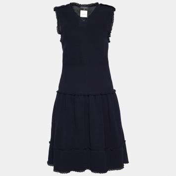 Pre Owned Chanel Navy Blue Pointelle Knit Cotton Sleeveless Dress M