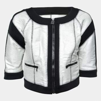 Pre Owned Chanel Silver Neoprene & Mesh Trim Zip Front Cropped Jacket M
