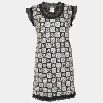 Pre Owned Chanel Monochrome Checkered Sequin Mini Dress M