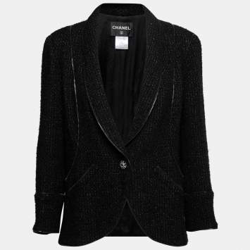 Pre Owned Chanel Black Tweed Zip-Detail Single-Button Jacket L