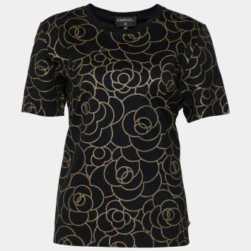 Pre Owned Chanel Black Camelia Glitter Print Cotton Crew Neck T-Shirt L