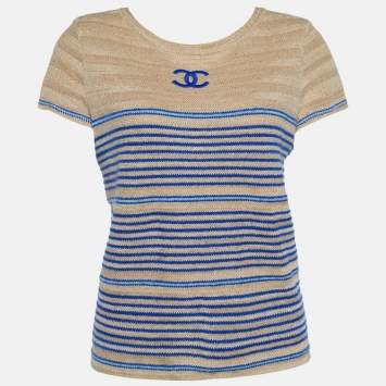 مملوكة مسبقًا Chanel Beige & Blue Striped Linen Cashmere Knit CC Logo Detail Top M