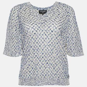 Pre Owned Chanel Blue & Ivory Silk Cotton Knit Cape Detail V-Neck Top M