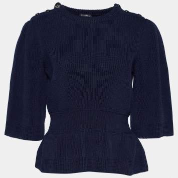 Pre Owned Chanel Navy Blue Cotton Rib Knit Button Detail Peplum Sweater L