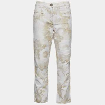 Pre Owned Chanel White Faded Grecian Print Denim Cropped Jeans L