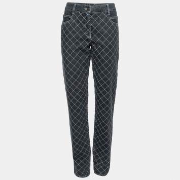 Pre Owned Chanel Grey Denim Quilted Stitch Straight Leg Jeans L