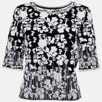 Pre Owned Chanel Black Floral Jacquard Knit Sweater Top L