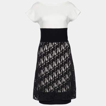 Pre Owned Chanel Monochrome Open Knit Overlay Sheath Dress M