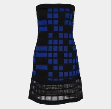 Pre Owned Chanel Blue Checked Knit Strapless Mini Dress M