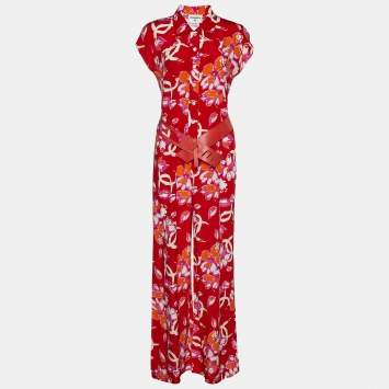 Pre Owned Chanel Red CC Floral Printed Silk Belted Jumpsuit M