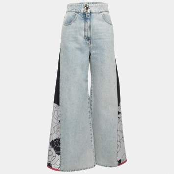 Pre Owned Chanel Light Blue Denim Floral Insert Flared Jeans M Waist 28"