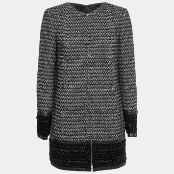 Pre Owned Chanel Black Monochrome Angora Zip-Front Tweed Coat M
