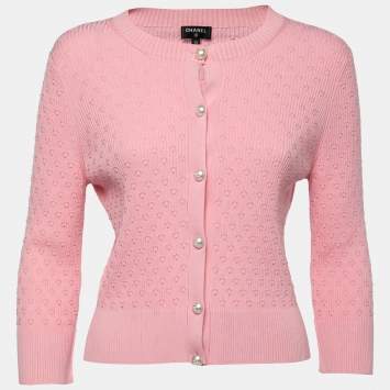 Pre Owned Chanel Pink Knit La Pausa Pearl Button Cardigan M