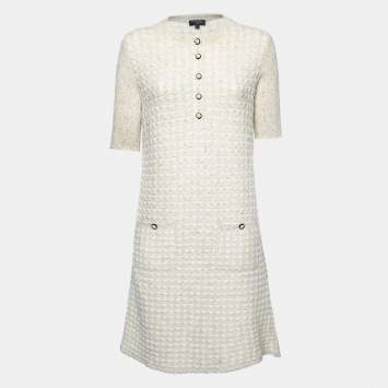 Pre Owned Chanel Cream & Gold Metallic Tweed Knit Midi Dress M