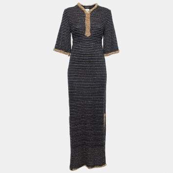 Pre Owned Chanel Blue & Gold Lurex Knit Beaded Trim Maxi Dress S