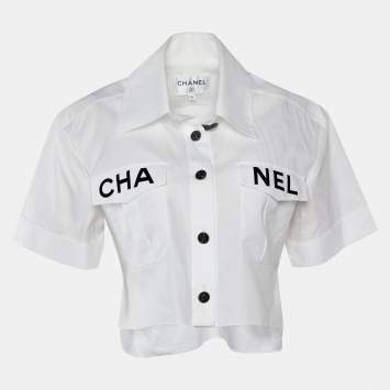 Pre Owned Chanel White Logo Printed Cotton Button Front Cropped Shirt S