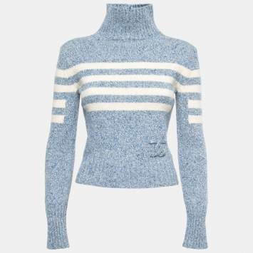 Pre Owned Chanel Blue Intarsia Knit Wool Turtle Neck Jumper S 