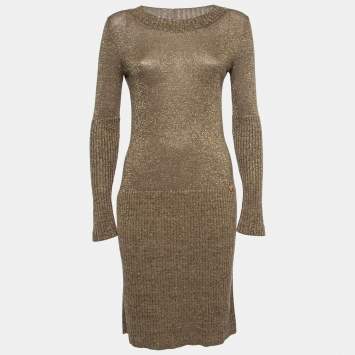 Pre Owned Chanel Gold Metallic Ribbed Knit Sweater Dress S  