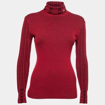 Pre Owned Chanel Red Ribbed Knit Wool Turtleneck Top M