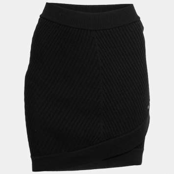 Pre Owned Chanel Black Wool Knit Asymmetric Hem Short Skirt M