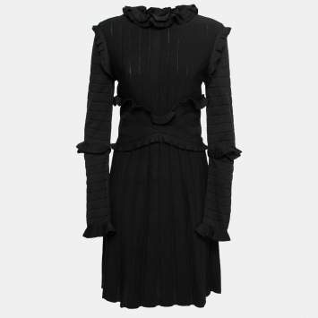 Pre Owned Chanel Black Wool Ruffle Trimmed Pleated Dress M