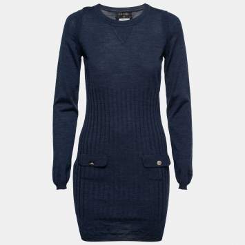 Pre Owned Chanel Blue Wool Ribbed Knit Sweater Dress M
