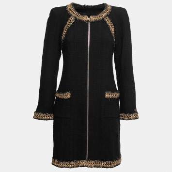 Pre Owned Chanel Black Wool Soutache Braided Long Sleeve Dress M