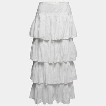Pre Owned Chanel White Cotton Tiered Maxi Skirt M
