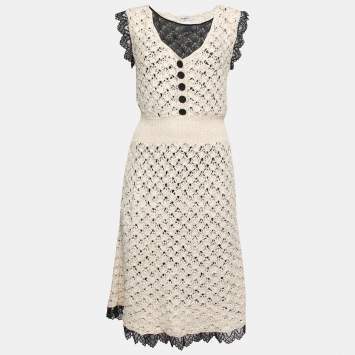 Pre Owned Chanel Cream Patterned Silk Knit Sleeveless Dress M
