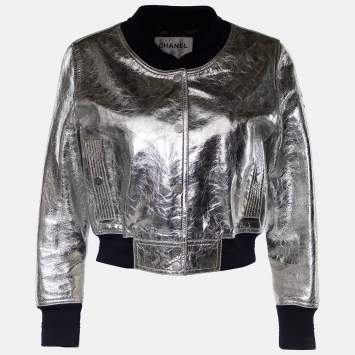 Pre Owned Chanel Metallic Silver Lambskin Bomber Jacket S