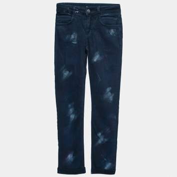 Pre Owned Chanel Navy Blue Denim Graffiti Print Straight Jeans S Waist 28"