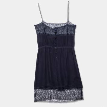Pre Owned Chanel Navy Blue Silk Lace Tim Cami Dress M