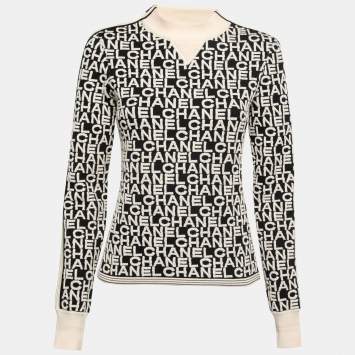 Pre Owned Chanel Monochrome Logo Jacquard Wool Sweater S