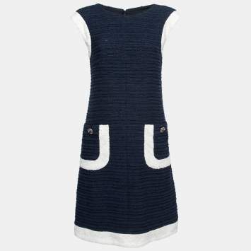 Pre Owned Chanel Blue & WhiteTweed Sleeveless Shift Dress M