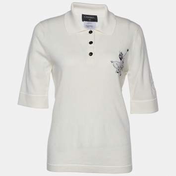 Pre Owned Chanel Cream Embroidered Cashmere Polo T-Shirt L