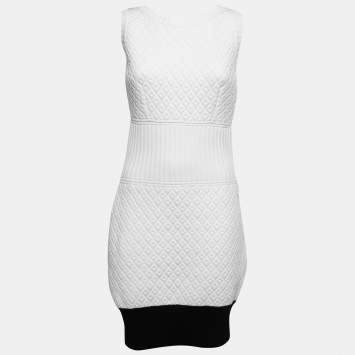 Pre Owned Chanel White Patterned Knit Sleeveless Sheath Dress M