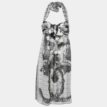Pre Owned Chanel Black & White Printed Silk Chiffon Knotted Midi Dress M