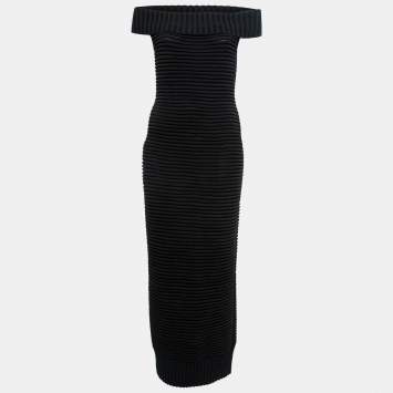 Pre Owned Chanel Black Ribbed Knit Off-Shoulder Long Dress M