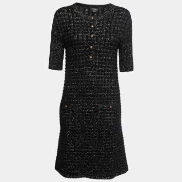 Pre Owned Chanel Black & Metallic Gold Knit Midi Dress M