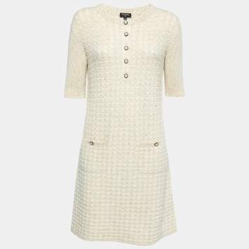 Pre Owned Chanel Cream & Metallic Gold Knit Midi Dress M