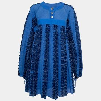 Pre Owned Chanel Blue Textured Knit Long Sleeve Mini Dress M