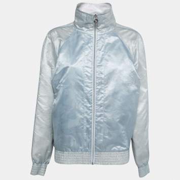 Pre Owned Chanel Light Blue Jacquard Zip-Up Track Jacket M