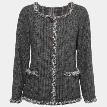 Pre Owned Chanel Grey Wool Trim Embellished Jacket L