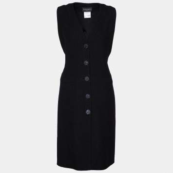 Pre Owned Chanel Black Wool Boucle Sleeveless Midi Dress L