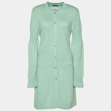 Pre Owned Chanel Mélange Green Cashmere Rib Knit Long Cardigan L