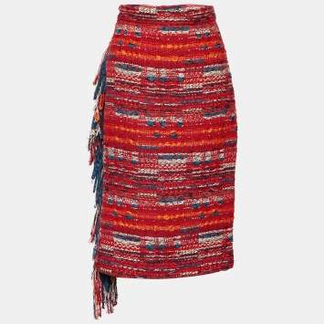 Pre Owned Chanel Multicolor Tweed Fringe Detail Knee Length Skirt L